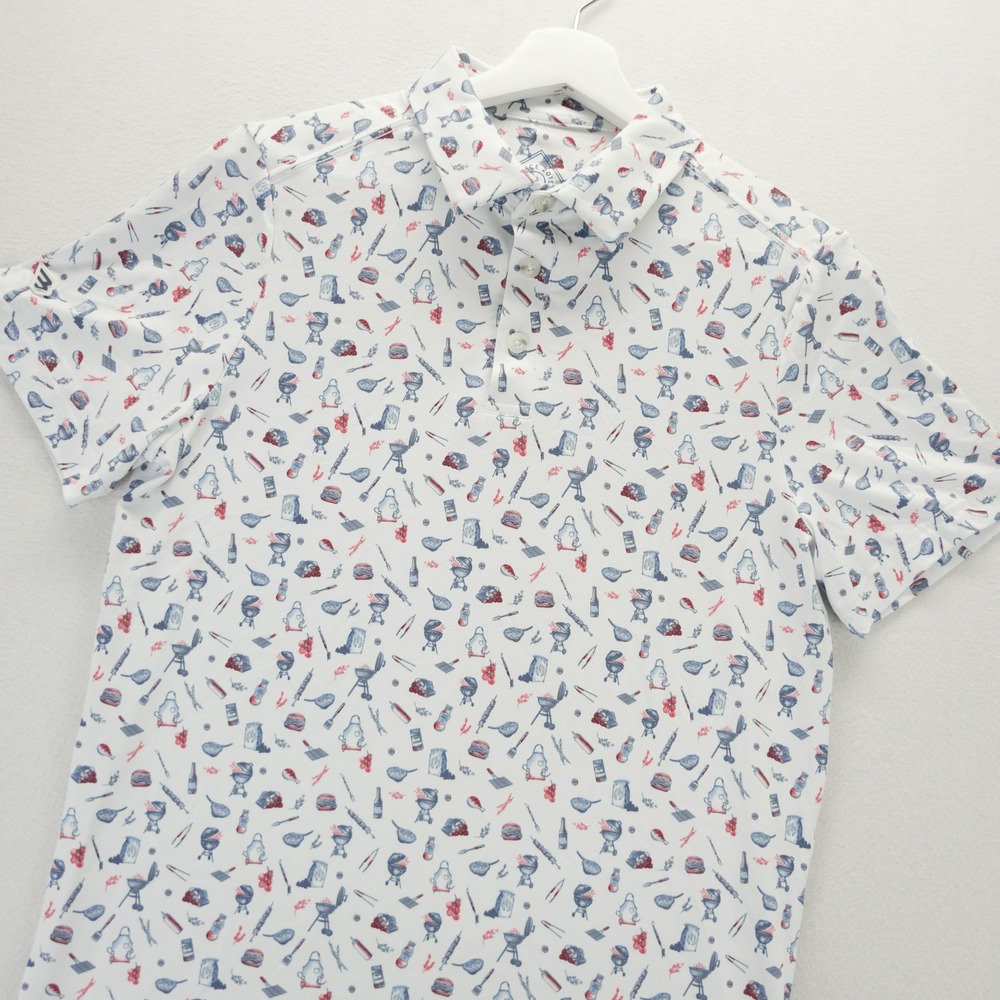 Burlebo Mens Performance Polo Shirt Small White BBQ Grill AOP 0008 PP-GRILL NEW